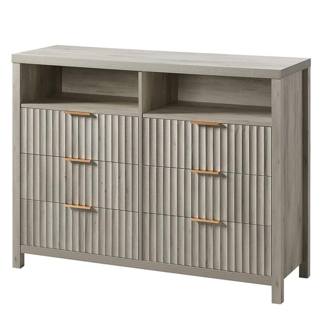 OAKHAM HOME Oxford Fluted 6 Drawer Dresser for Bedroom, Wide Modern Wooden Chest of Drawers with 2 Shelves, TV Stand of Drawers, Wood Drawer Organizer, 46.5" W x 37" H x 15.4" D (Grey Oak)