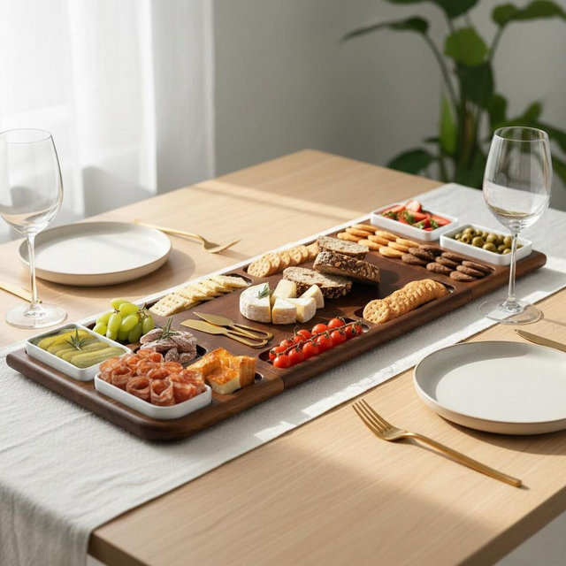 Shanik Wood Long Charcuterie Board Set with 4 Ceramic Bowls Cutlery Set Expandable Kitchen and Dining Cheeseboard Personalized Home Gift