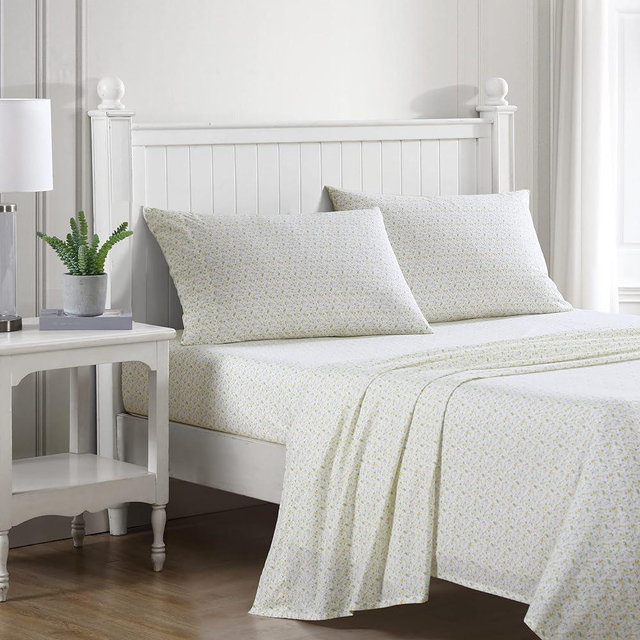 Laura Ashley - King Sheets, Cotton Percale Bedding Set, Lightweight & Breathable Home Decor (Evie Yellow, King)