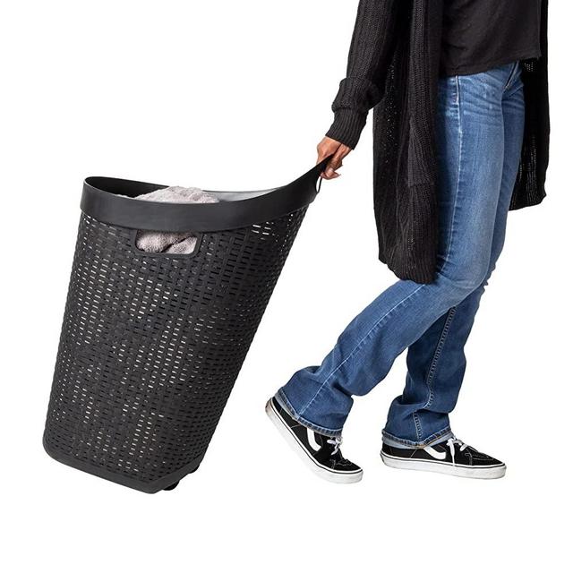 Mind Reader Rolling Laundry Basket, Wheeled Ventilated Hamper with Cutout Handles, Lightweight Washing Bin, Dirty Clothes Storage, Plastic, 60 L Capacity, Black