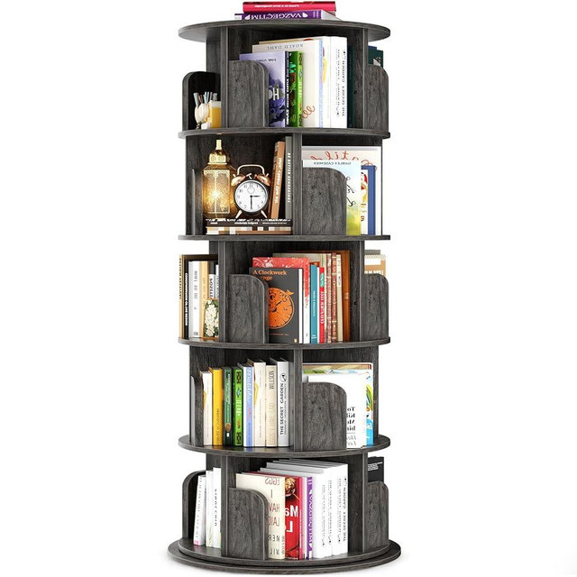 Besiost Rotating Bookshelf Tower, 5 Tier Spinning Bookcase, Revolving 360 Book Shelf Narrow Tall Bookcase, Vertical Turning Round Bookshelf Organizer, Wood Corner Book shelf for Small Space, Black Oak