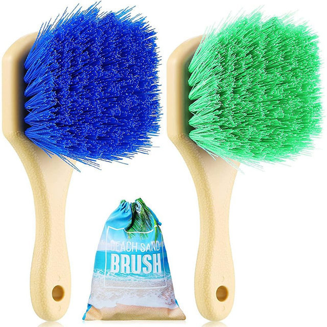 2 Pcs Beach Sand Remover Brush with Drawstring Bag, Beach Accessories Scrub Brushes for Cleaning Beach Soft Bristle Brush for Summer Vacation, Water Sports, Beach Volleyball, Beach Party