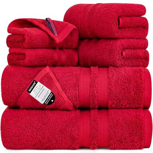 SEMAXE Solid 6-Piece Towel Set, Christmas Red, 600GSM 100% Cotton, 2 Each of Bath Towel, Hand Towel, and Washcloths, Gift Box Packaging, Hanging Loop Design