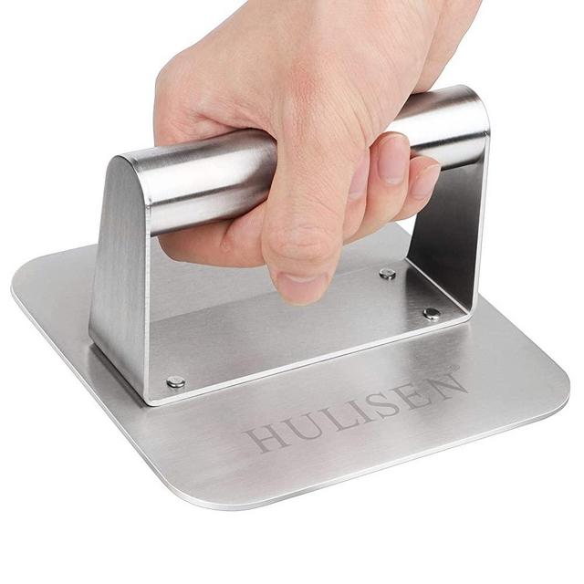 HULISEN Stainless Steel Burger Press, 5.5 Inch Square Burger Smasher, Professional Griddle Accessories Kit, Grill Press Perfect for Flat Top Griddle Grill Cooking