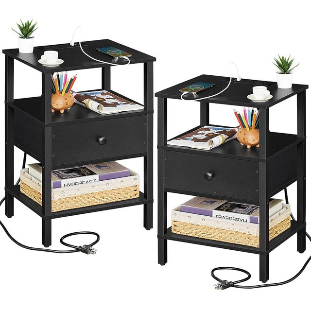 Lerliuo Nightstand Set of 2 with Charging Station and USB Ports, 3-Tier Storage End Table with Drawer Shelf, Night Stand for Small Spaces, Wood Bedside Table for Living Room, Bedroom - Classic Black