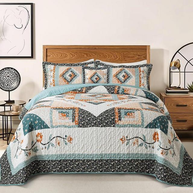 BEDIFANY King Size Quilt Sets, Lightweight Cotton King Quilt Bedding Set (98 x 106 inch) Garden Style Floral Bedspread King Size Coverlet Set for Bed Decorations - All Seasons, 3 Pieces