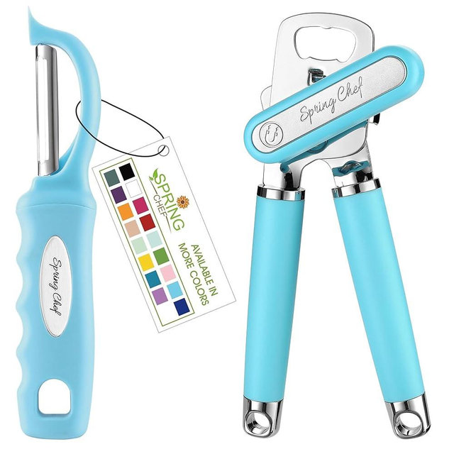 Spring Chef Stainless Steel Swivel Peeler & Heavy Duty Can Opener with Soft Grip Handles - 2 Product Bundle - Aqua Sky