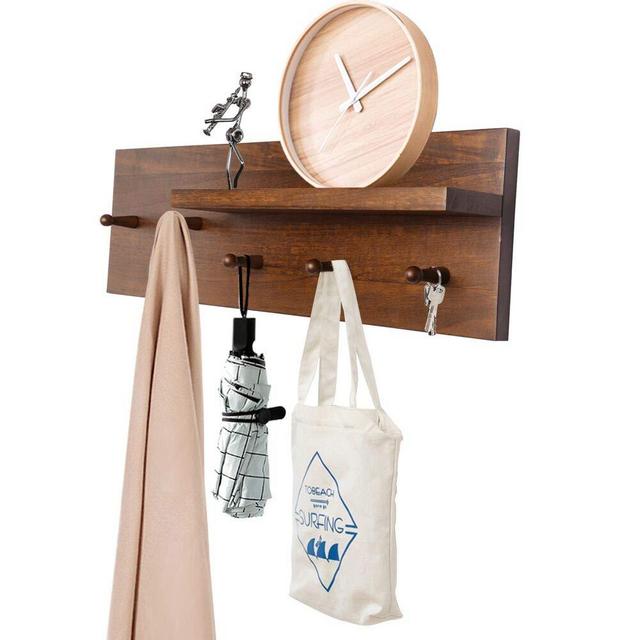 OROPY Entryway Coat Hooks with Storage Shelf, Solid Wood Wall Mounted Clothes Rack with 5 Pegs and Display Shelf for Hallway, Bathroom, Living Room, Bedroom, Kitchen, 23.6" L × 7.5" W, Walnut Color