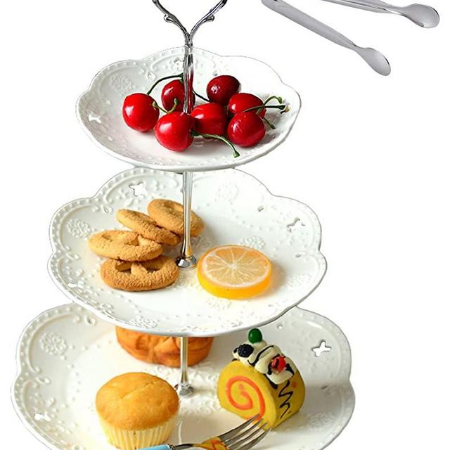 Cupcake Stand- Jusalpha 3-tier White Ceramic Cake Stand Dessert Stand-Cupcake Stand-Tea Party Serving Platter, Comes In a Gift Box- Free Sugar Tong (Silver/White, 1 Set)