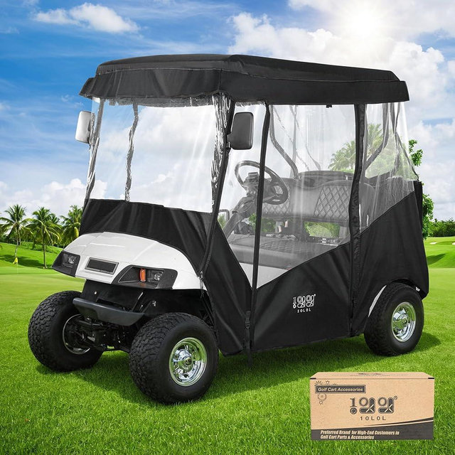 10L0L Universal Golf Cart Enclosure Compatible with EZGO and Club Car Models, 2-Passenger Golf Cart Waterproof 600D Material Windproof Transparent on 2 Sides-Black & Orange
