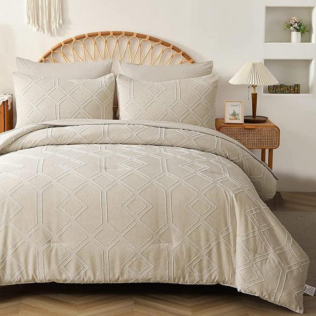 Dobuyly Cream Tufted Comforter Set King, 7 Pieces Bed in a Bag Boho Cream Beige Comforter Embroidery Shabby Chic Farmhouse Bedding Set, Soft Breathable Cation Microfiber Comforter