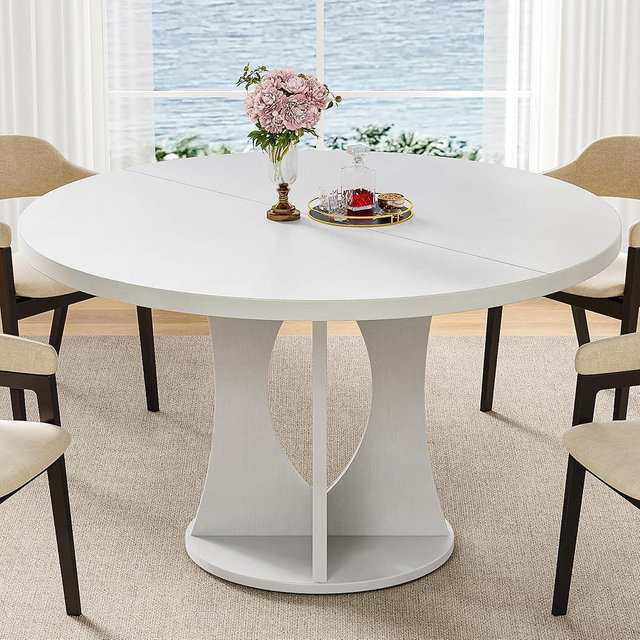 iPormis 47-Inch Round Dining Table for 4-6 People, Circle Dinner Table with Wooden Legs and A Stable Round Pedestal Base, Space Saving Wooden Kitchen and Dining Room Table, White (Table Only)