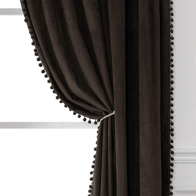 Victree Pom Pom Velvet Curtains for Bedroom, Blackout Curtains 52 x 96 inch Length - Room Darkening Sun Light Blocking Rod Pocket Window Drapes for Living Room, 2 Panels, Brown
