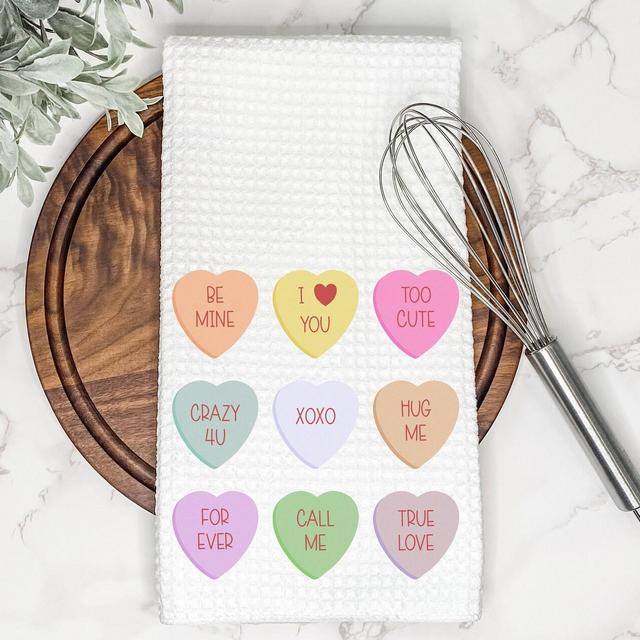 Cute Conversation Hearts Tea Towel | Valentine's Day Gift for Hostess or Housewarming | Farmhouse Hand/Dish Towel | Fun AirBnb Kitchen Decor