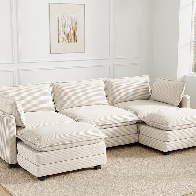 ROWHY 112'' Sectional Modular Cloud Couch, Oversized 5 Seat Couches U Shaped Sofa with 2 Movable Ottomans, 2 Throw Pillows, Upholstered Corduroy U Shape Comfy Deep Couches for Living Room, Beige