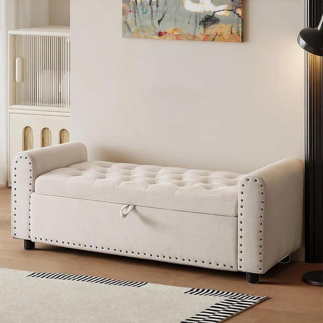 48" Ottoman with Storage, Tufted Storage Ottoman Bench, Convenient Living Room Fabrics Bench Seat, Entryway Shoe Benches with Inner Zipper & Arm, Upholstered Window Seat Ottomans with Rivets, Beige