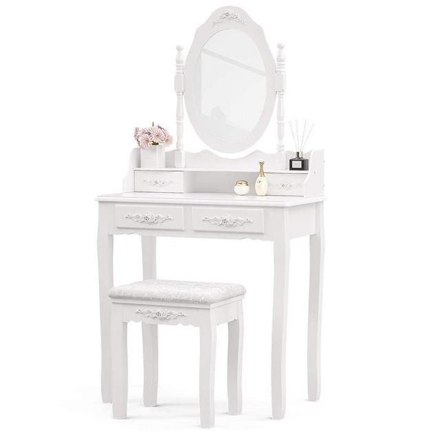 Alohappy Makeup Vanity Set with Mirror & Stool for Girls, Vanity Table and Cushioned Stool Set with 4 Drawers, Wood Dressing Table for Bedroom