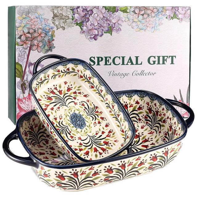 Ceramic Baking Dish Set of 2 – Decorative Polish Pottery Style Casserole Dishes with Handles, Cute Oven-Safe Lasagna Bakeware Gift Set（Olive Garland）