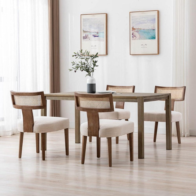 RIVOVA Rattan Back Dining Chairs Mid Century Modern Dining Chairs Set of 4 Rattan Kitchen Chairs Linen Fabric Upholstered Side Chairs, Modern Kitchen Armless Solid Wood Dining Chairs, Beige