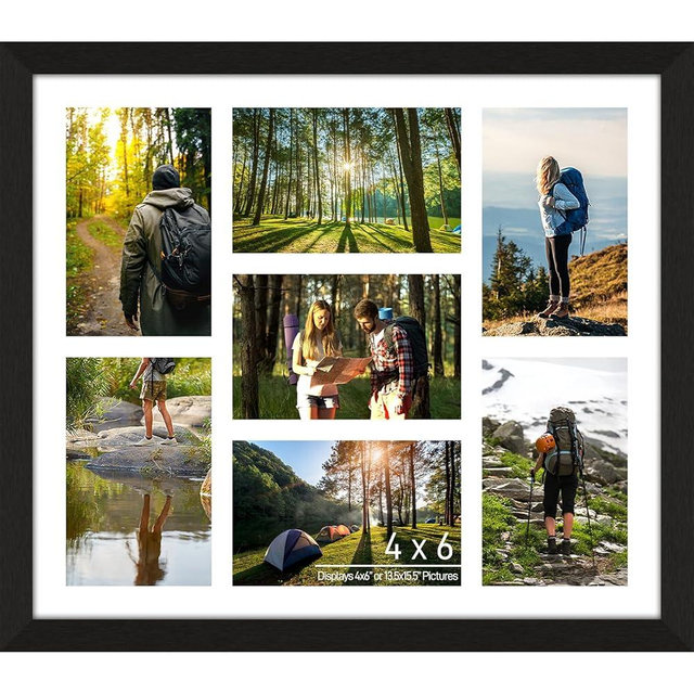 Lacopgr 4x6 Picture Frame Collage 7 Openings, 13.5"x15.5" Multi Photo Collage Frame 4"x6" Gallery Wall Decor Wooden, Black Frame with White Mat, Wood
