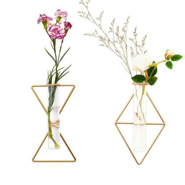 Pack of 2 Wall-Mounted Hydroponic Planters, Hanging Flower Vases, Home Decor Geometric Terrariums, Hydroponic Glass Containers with Gold Metal Frames (Rhombus & X Type)