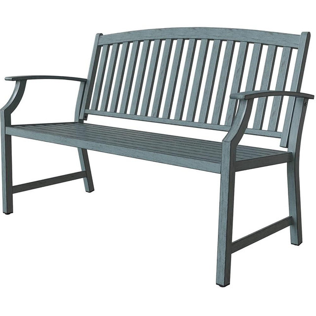 Grand patio 52" Farmhouse Outdoor Bench, Garden Benches with Anti-Rust Aluminum Metal Frame, Faux Wood Grain Finish Frame Patio Bench for Front Porch, Weathered Blue