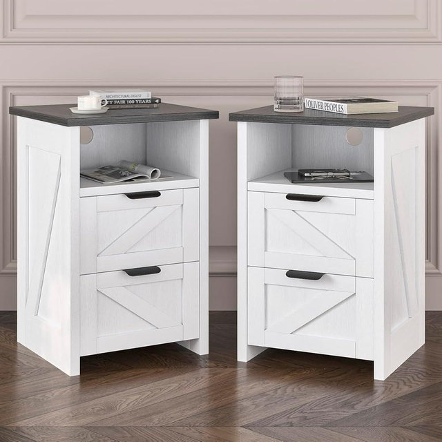 AURINEST Farmhouse Night Stand Set of 2, Bed Side Table with 2 Drawers and Storage Shelf, Rustic White End Table for Bedroom, Living, Entryway, Office, Dorm, Small Spaces, White