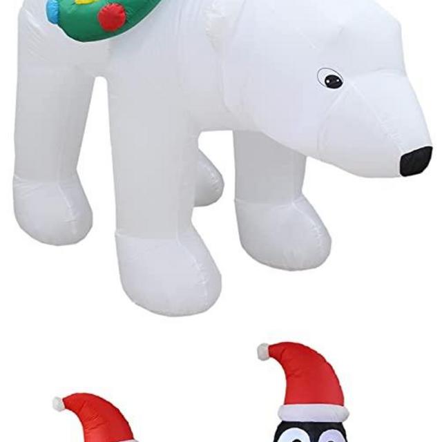 BZB Goods Two Christmas Party Decorations Bundle, Includes 8 Foot Tall Inflatable 3 Penguins on Polar Bear, and 6 Foot Long Inflatable Two Penguins Happy Fishing Outdoor Indoor Blowup with LED Lights