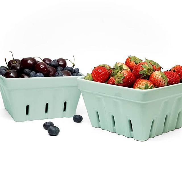 Woouch Ceramic Berry Basket, Square Fruit Bowl With Holes, Colander For Kitchen, Cute Small Container For Berries, Strawberry, Grape, Cherry, Rustic Stoneware Décor (Mint green)