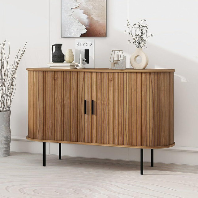 Janmer Home 47.2" Fluted Storage Cabinet with Sliding Tambour Doors, Oval Buffet Sideboard Cabinet with Storage, Curved Accent Cabinet for Living Dining Room Kitchen (47.2inch, Walnut)