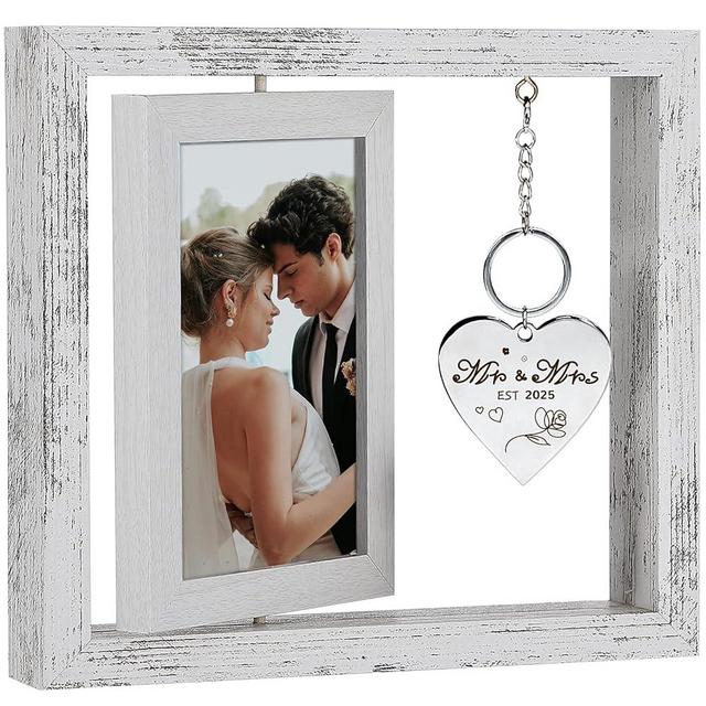 Wedding Gifts for Couples 2025,4x6 Rustic Wedding Frame,Rotating Floating Mr and Mrs Picture Frame,Cool Bridal Shower Gifts for Bride to Be,Engagement Gift for Couples Newlyweds