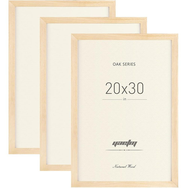 Yaetm 20x30 Oak Wood Poster Frames Set of 3, Wide Molding, Solid Wood Frame 20 x 30 inches, Natural Wood 20x30 Large Picture Frame with Plexiglass for Wall Mount (3 pack, Oak)