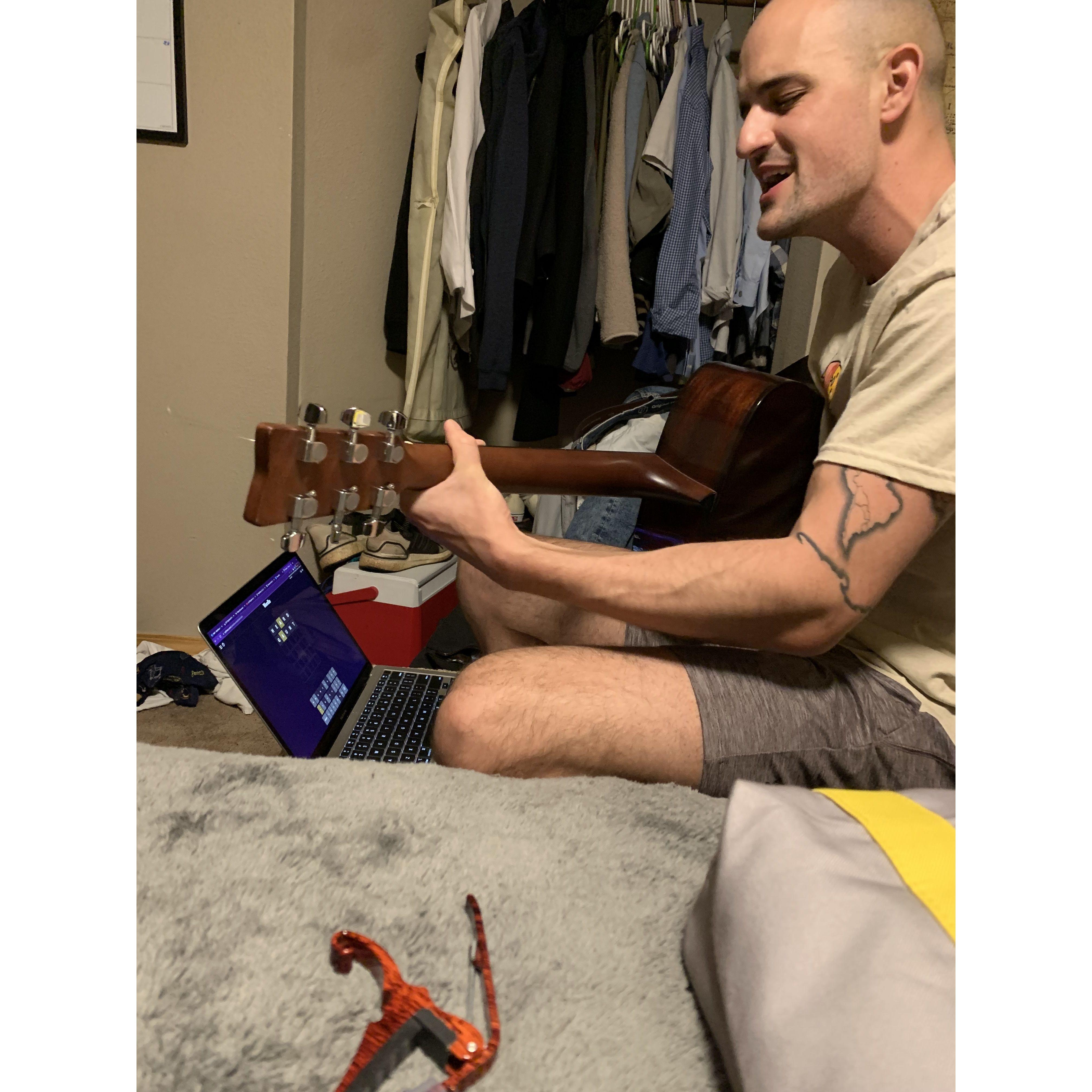 Matt would frequently serenade Maddy in his basement bedroom mostly to make her forget about the palm sized spiders roaming around, the wooing was a side benefit.