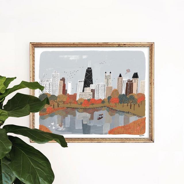 Autumn in Chicago Art Print | Skyline Poster | Lake Michigan Painting | Architecture Giclee | Children's Nursery Artwork | Fall Gouache
