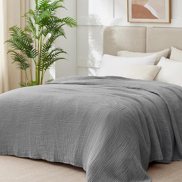 Kozyhvn 100% Cotton Muslin Blanket King 108" x 90", 6 Layers Breathable and Lightweight Cotton Throw Blanket for Bed, Soft Quilt Bedspread Coverlet, Gauze Blanket for Adults All Season, Grey
