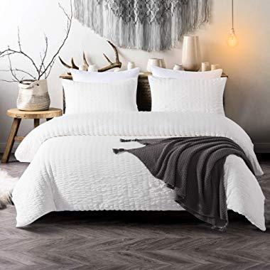 IKONICASA White Seersucker Duvet Cover Set Elegant Design Natural Style Soft Breathable Duvet Cover Easy Care Fast Dry with 2 Pillowcases, White, 3 Piece Queen