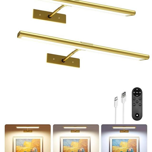 EZVALO Picture Light for Wall, 4800mAh Rechargeable Wireless Remote, Dimmable Magnetic LED Art Display Light with 3 Color Temperatures, for Gallery, Living Room, Bedroom, Hallway (Gold-2Pack)