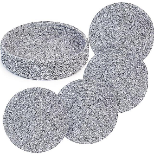 AmapleL 9 Inches Trivets for Hot Dishes, Trivets (Set of 4) for Hot Pots and Pans Holder + 1 Pack Kitchen Storage Basket, 100% Cotton Round Hot Pads - Table Mats - Coasters, Table Heat Protector Pad