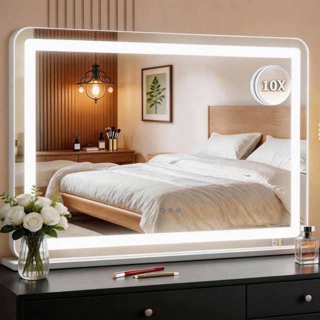 Makeup Vanity Mirror 30"x20" Large LED Mirror, Desk Mirorr with Lights, Light up Mirror with 10X Magnification and, Dimmable 3 Modes, Touch Control
