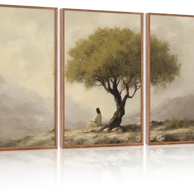 HLNIUC Jesus Sitting Under Olive Tree Canvas Wall Art,Religious Christian Wall Decor(24x36x3),Easter God Bible Story Framed Artwork,Vintage Garden of Gethsemane Prints for Church,Living Room,Bedroom