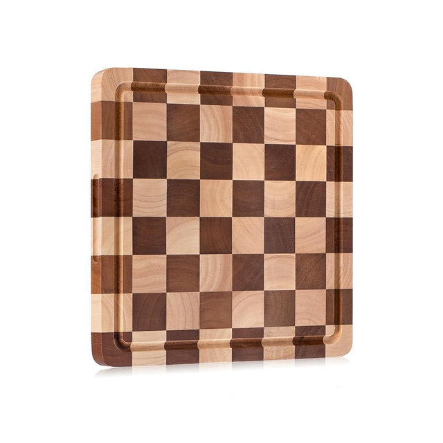 Checkered Cutting Board, Square Wooden Checkerboard Cutting Board for Kitchen 12 x 12 x 1", Rubber Wood Butcher Block Chopping Board with Juice Grooves & Handles for Meat, Vegetables & Cheese