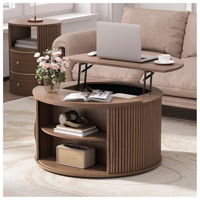 JOINICE Lift Top Coffee Table with Storage,31.5”Mid Century Modern Round Center Table with Hidden Compartment,Fluted Small Dining Table for Living Room,Home Office,Walnut