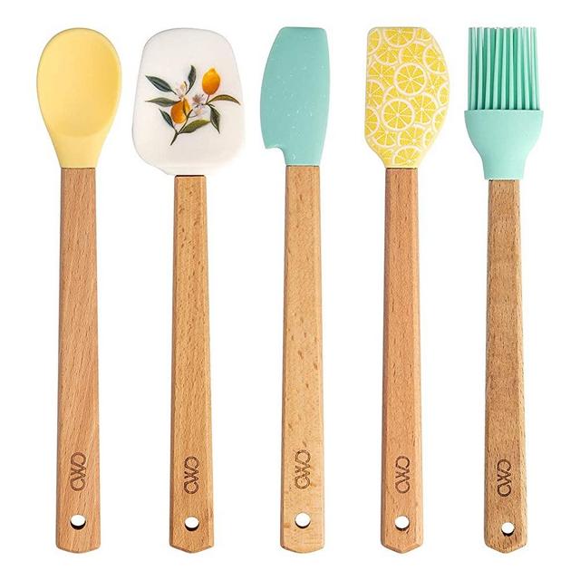 Cook With Color Set of Five MINI Kitchen Utensil Set - Silicone Kitchen Tools with Wooden Handles, Brush, Spoonula, Spatula, Spoon, Scraper (Lemon Collection)
