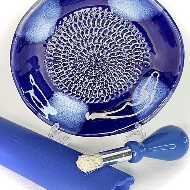 BonCera, All-in-one 4pcs Premium Ceramic Garlic Grater Set - Hand-Made, Blue Glazed Design Grater Plate w/Garlic Peeler, Gathering Brush, Display Stand, It's also grating Turmeric, Ginger, and more,