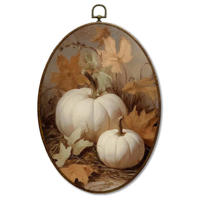 JQF Vintage Fall Pumpkin Oval Wall Art, Farmhouse Autumn Pumpkin Maple Leaf Oval Canvas Wall Art, Retro Rustic Fall Framed Prints Hanging Decor for Home Bedroom Living Room, 8.5x11.5 Inch