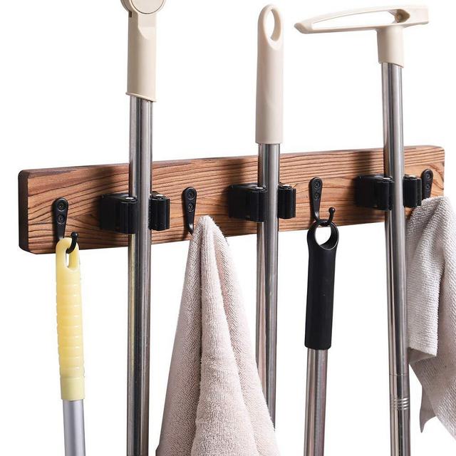 Fineway Broom Mop Holder Wall Mount，Rustic Solid Wood Wall Mounted Garden Tool Organizer Rake Hanger with 3 Racks 4 Hooks for Bathroom Kitchen Office Closet Garden