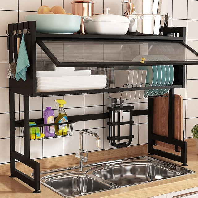 bukfen Dish Drying Rack, Large Stainless Steel Over The Sink 2 Tier Dish Rack with Cover for Kitchen (Black, Large 37.40 Length)