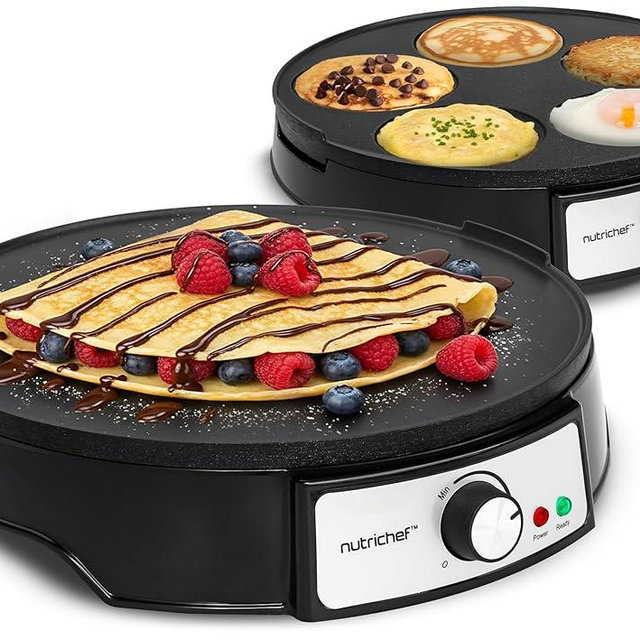 NutriChef Electric Crepe Maker & Griddle Cooktop | Nonstick Reversible 12 Inch Hot Plate with LED Indicator Lights & Adjustable Temperature Control | Wooden Spatula & Batter Spreader Included