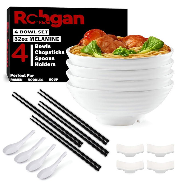 ROHGAN 32oz Japanese Ramen Bowl Set – 20-Piece White Melamine Pho Bowls with Chopsticks, Spoons & Holders – Durable, Dishwasher-Safe Dinnerware for Ramen, Udon & Soups