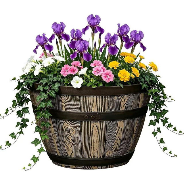 19.9 Inch Rustic Whiskey Barrel Planter - Durable Lightweight Plastic Plant Pot with Easy Knock-Out Drainage Holes, Indoor/Outdoor Barrel Planter for Outdoor Plants
